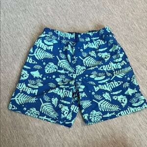 Youth Columbia Blue and Green Swim Trunkswith Fish Skeleton Design